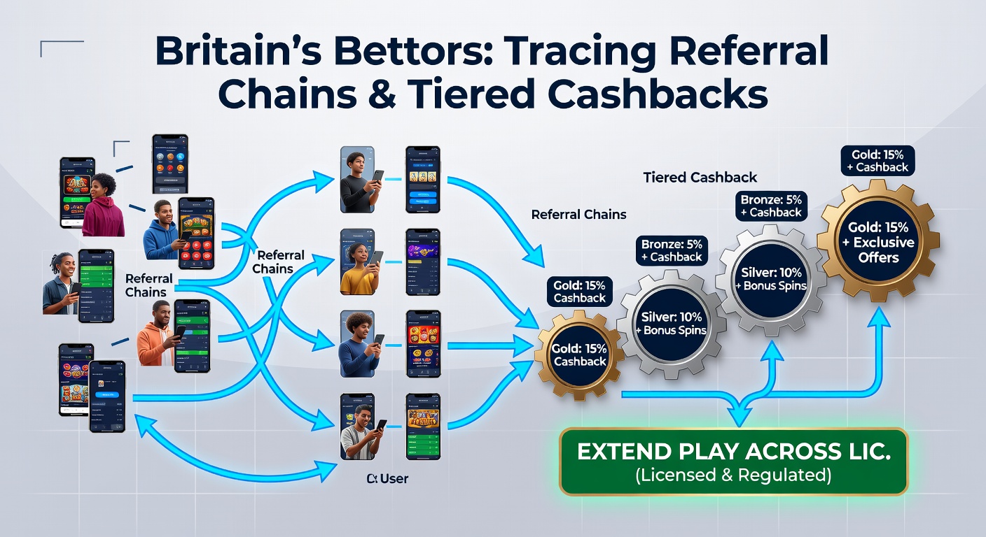 Illustration of tiered cashback progression and referral chain connections across British betting platforms