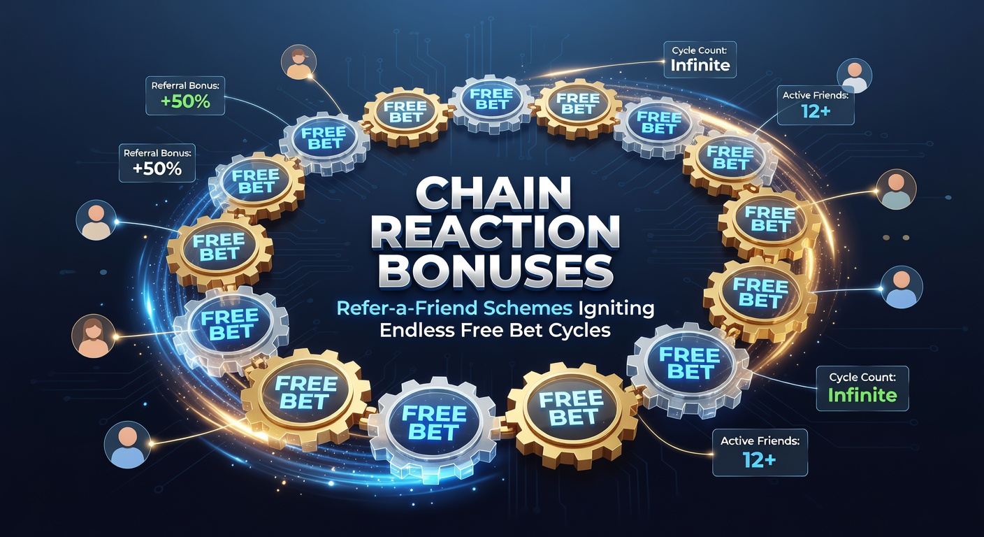 Dynamic graphic showing a chain reaction of referrals leading to cascading free bets in online betting platforms