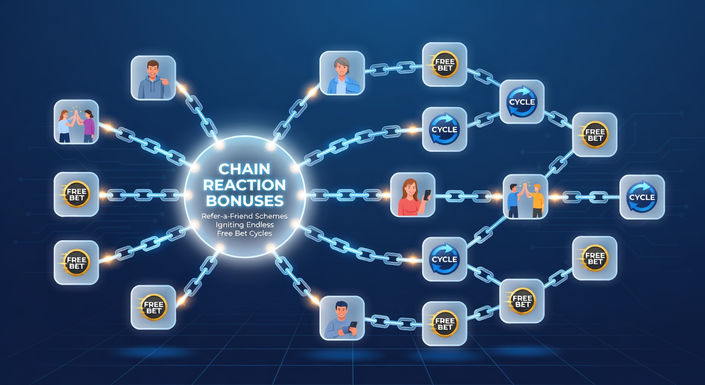 Infographic depicting exponential growth of free bet cycles from initial referrals branching into networks