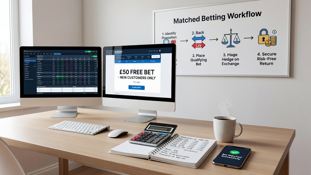 Screenshot of matched betting calculator software displaying stake recommendations and profit margins