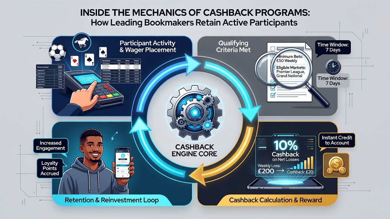 Flowchart showing how cashback tiers and eligibility criteria link to player retention metrics