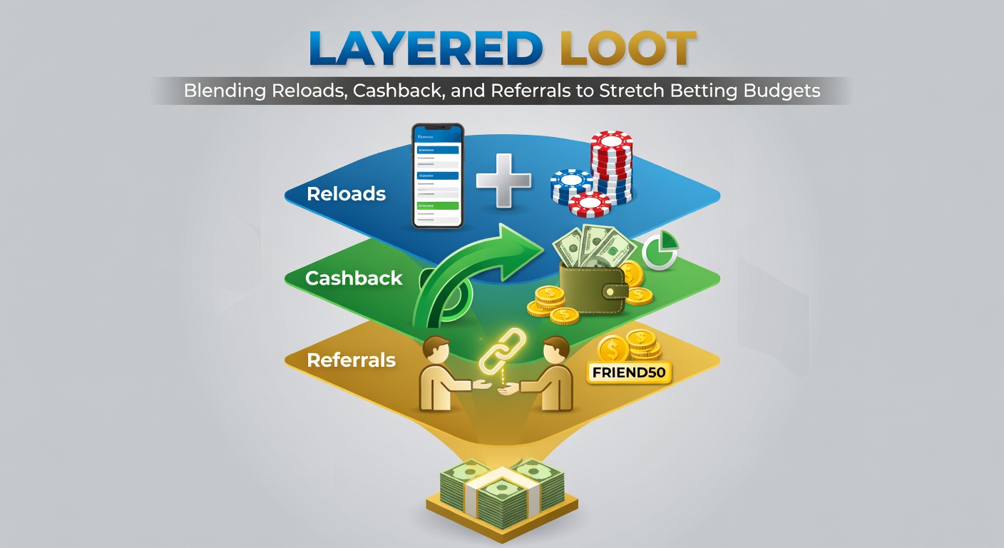 Illustration of stacked betting promotions including reload bonuses, cashback offers, and referral rewards forming a layered strategy to extend punter budgets