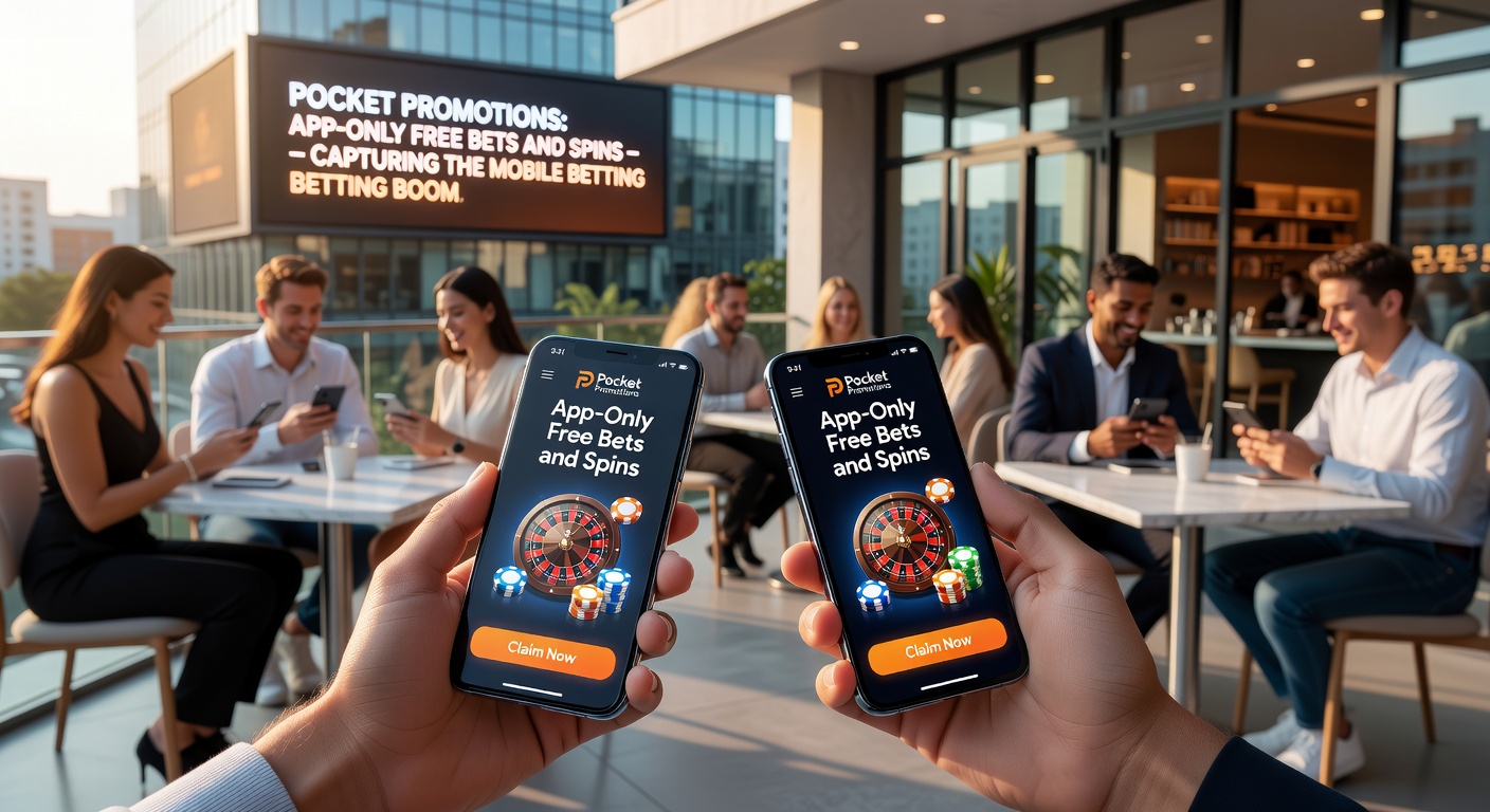 Close-up of a hand holding a phone with a betting app open to an app-only free spins offer, overlaid with notifications for live sports bets amid a dynamic urban background