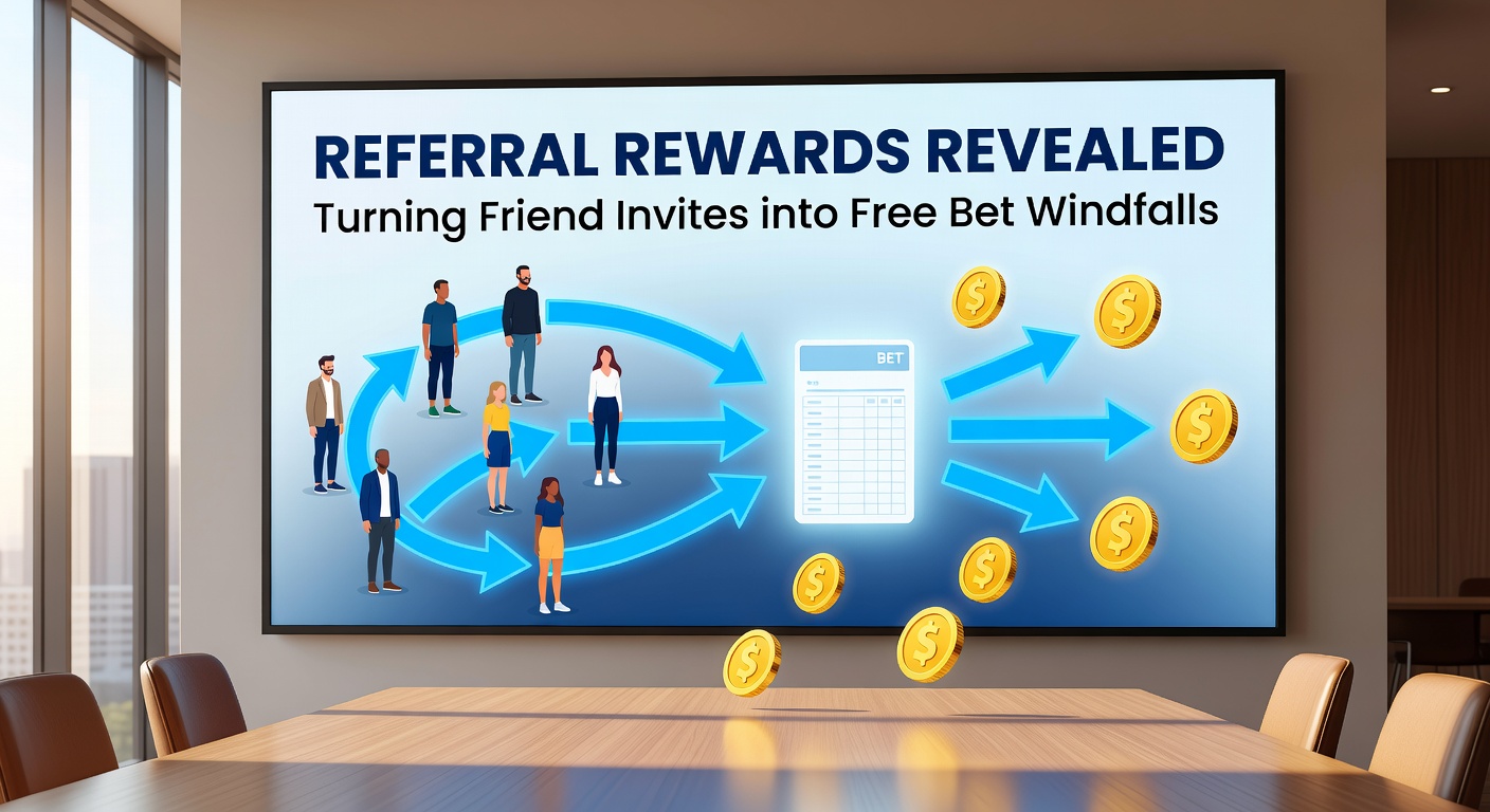 Illustration of friends sharing a betting app referral link on their phones, leading to free bet credits piling up