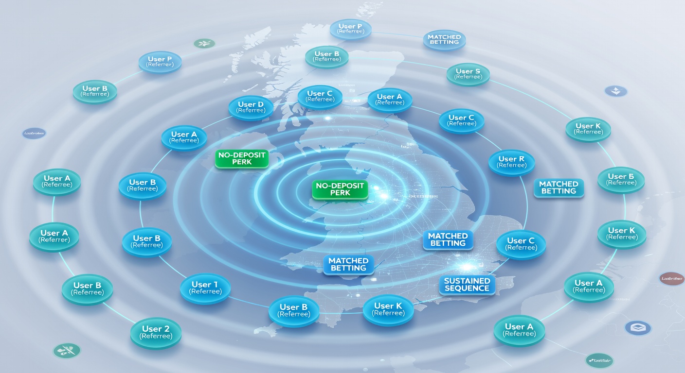 Illustration of referral chains connecting multiple UK betting accounts through peer recommendations and no-deposit bonuses