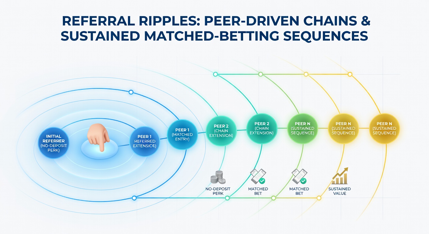 Diagram showing how referral links connect accounts and convert no-deposit offers into ongoing matched betting cycles