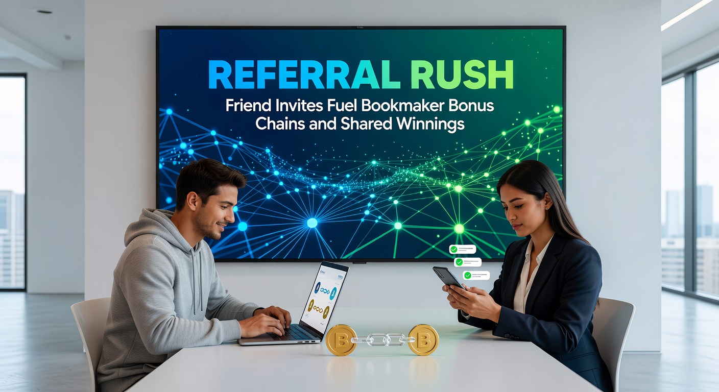 Infographic showing a branching referral tree with bonuses flowing from one user to multiple friends and their networks
