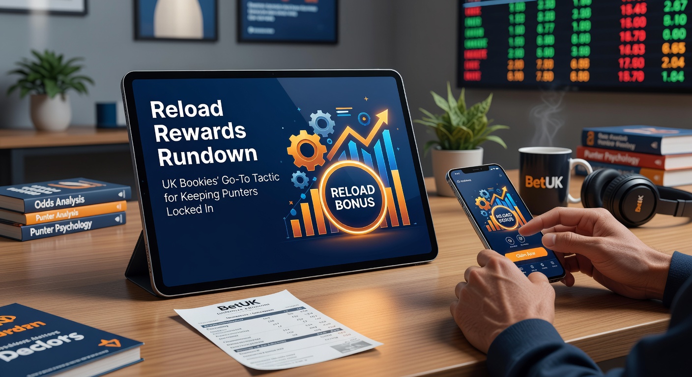Graphic showing a reload bonus notification on a betting app, with deposit icons and percentage boosts highlighted for UK punters