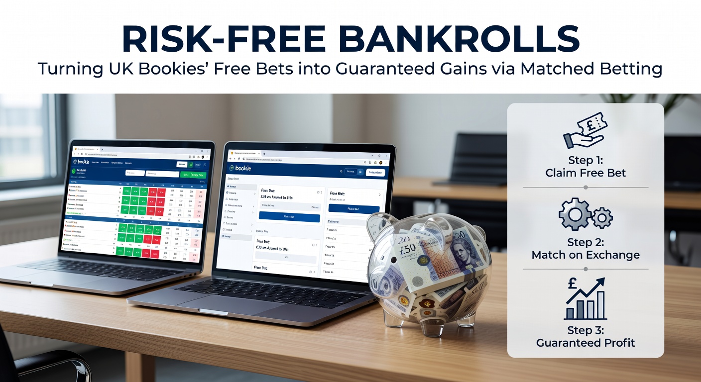 Screenshot of a matched betting calculator displaying back and lay odds for a football match, highlighting profit potential from a free bet offer