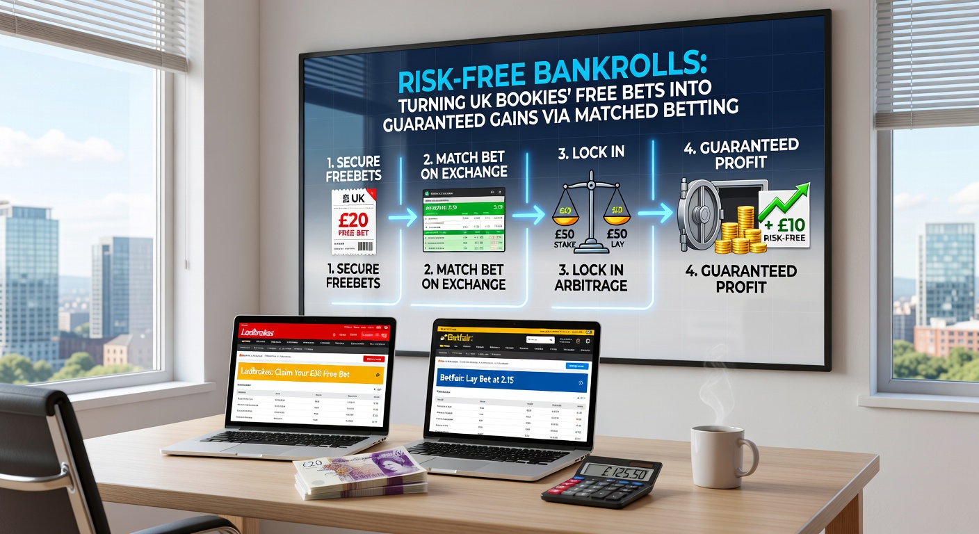 Infographic illustrating a matched betting workflow: bookmaker back bet flows to exchange lay bet, culminating in profit extraction from free bet