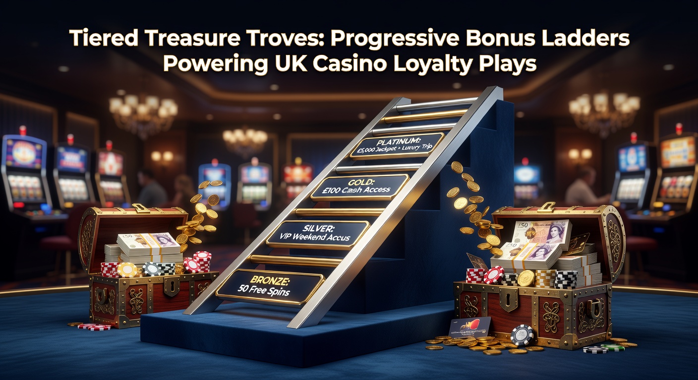 Graphic illustration of a multi-tiered loyalty ladder with glowing treasure chests at each level, representing progressive casino rewards