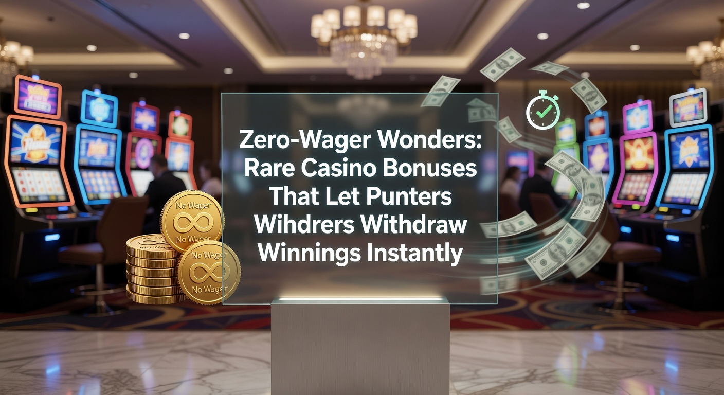 Casino interface displaying a zero-wager bonus offer with instant withdrawal option highlighted